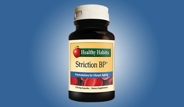 Striction BP supplement bottle for blood pressure and heart health support.