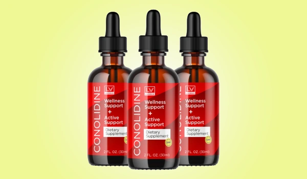 Conolidine supplement bottle for natural pain relief.