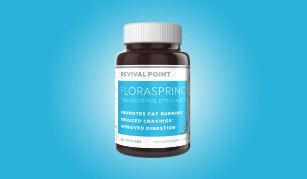 FloraSpring probiotic supplement bottle for gut health and weight management.