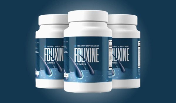 Folixine supplement bottle for hair growth and scalp health.